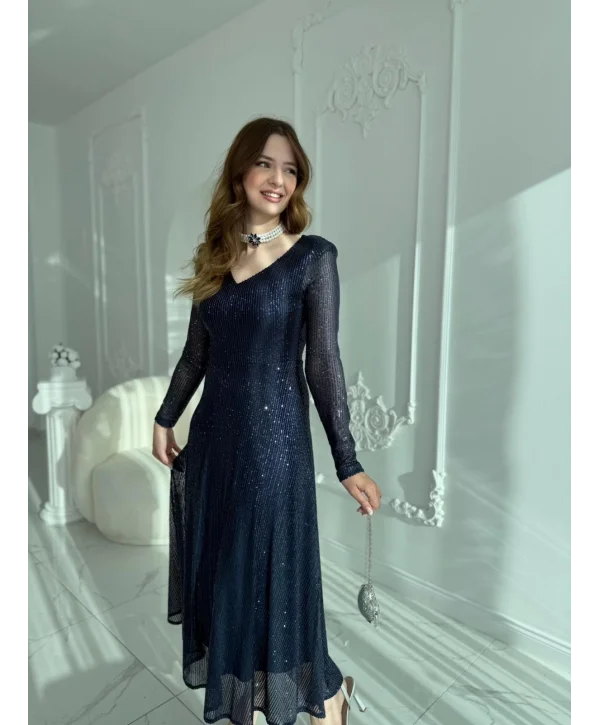 Parla Lacivert Pul Parıltılı Midi Boy Elbise