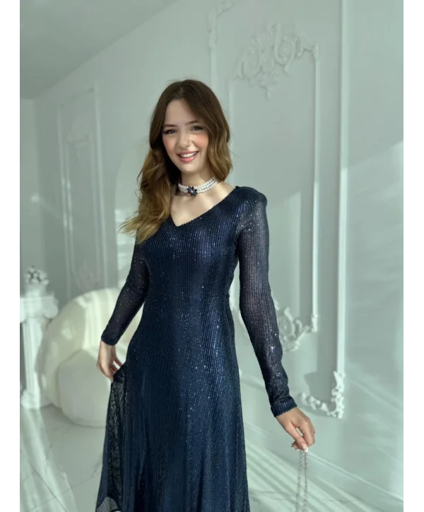 Parla Lacivert Pul Parıltılı Midi Boy Elbise