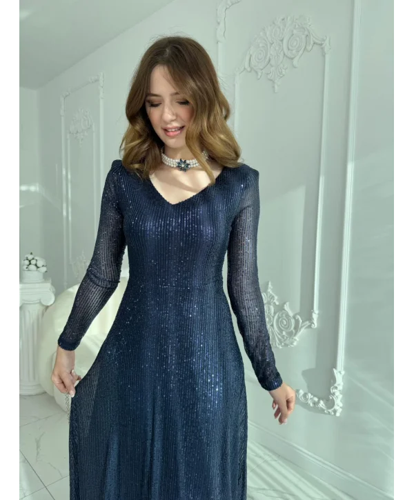 Parla Lacivert Pul Parıltılı Midi Boy Elbise