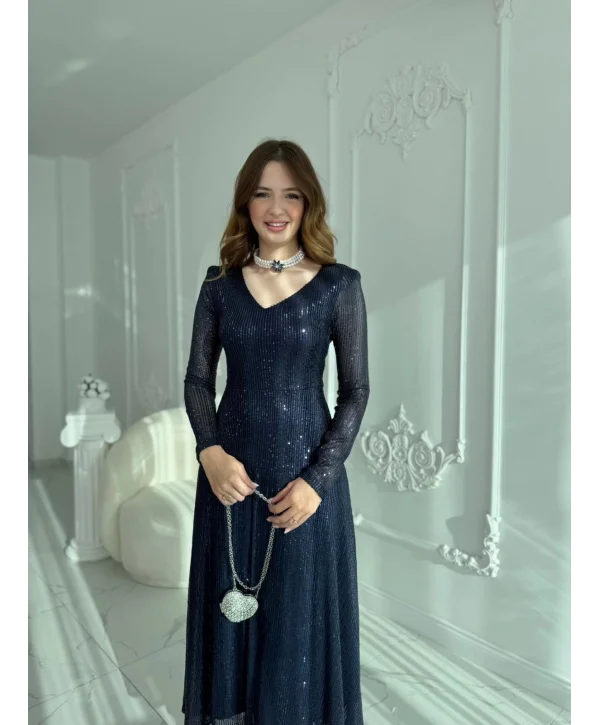 Parla Lacivert Pul Parıltılı Midi Boy Elbise