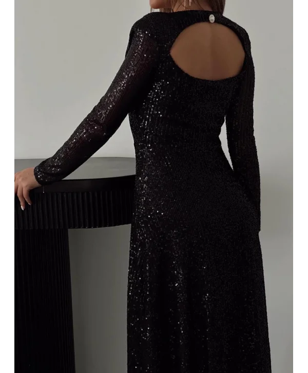 Parla Siyah Pul Parıltılı Midi Boy Elbise