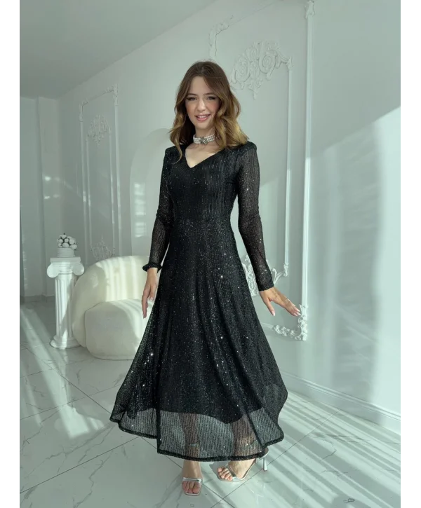 Parla Siyah Pul Parıltılı Midi Boy Elbise