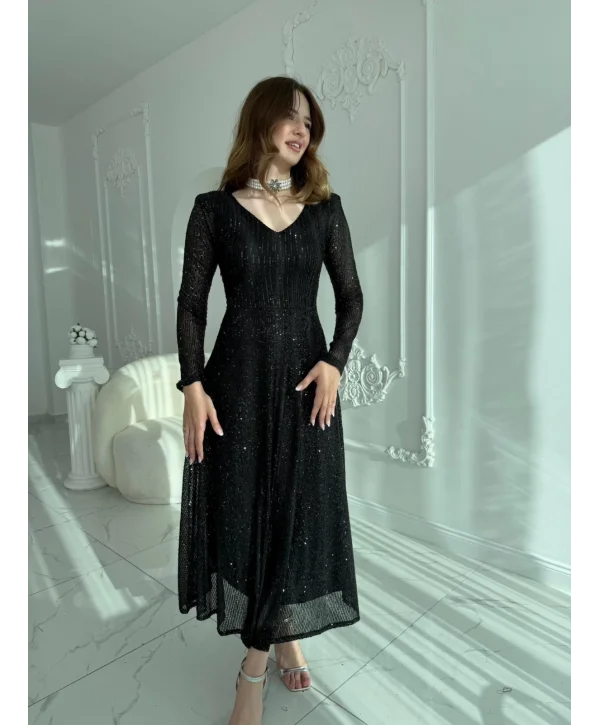 Parla Siyah Pul Parıltılı Midi Boy Elbise