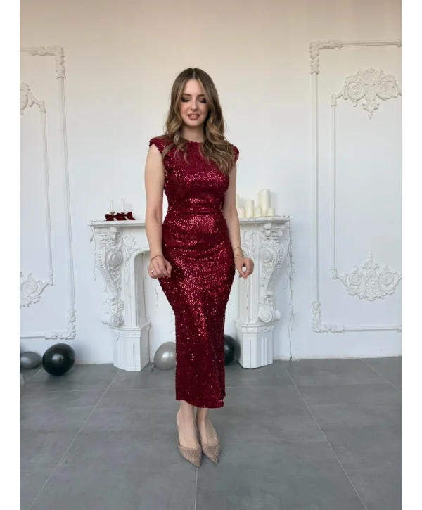 Payet İşlemeli Kadife Vatkalı Bordo Elbise