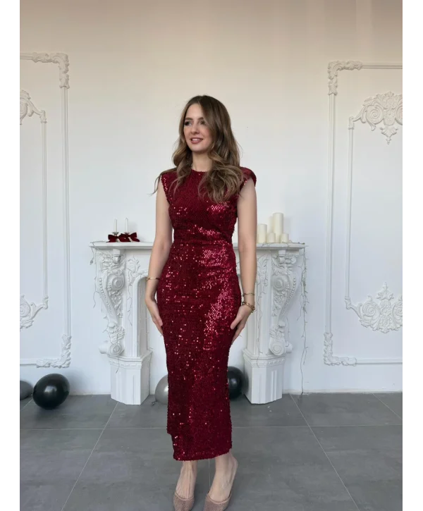 Payet İşlemeli Kadife Vatkalı Bordo Elbise