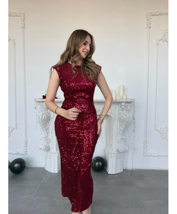 Payet İşlemeli Kadife Vatkalı Bordo Elbise