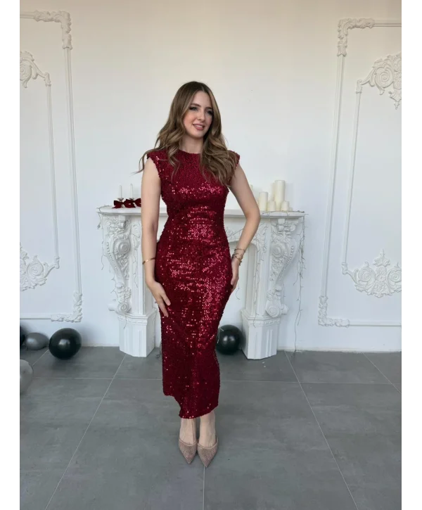 Payet İşlemeli Kadife Vatkalı Bordo Elbise
