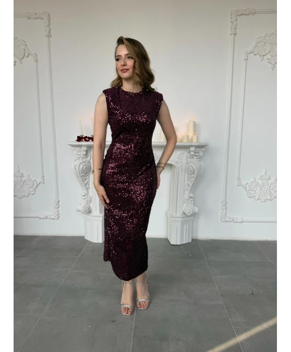 Payet İşlemeli Kadife Vatkalı Mürdüm Elbise