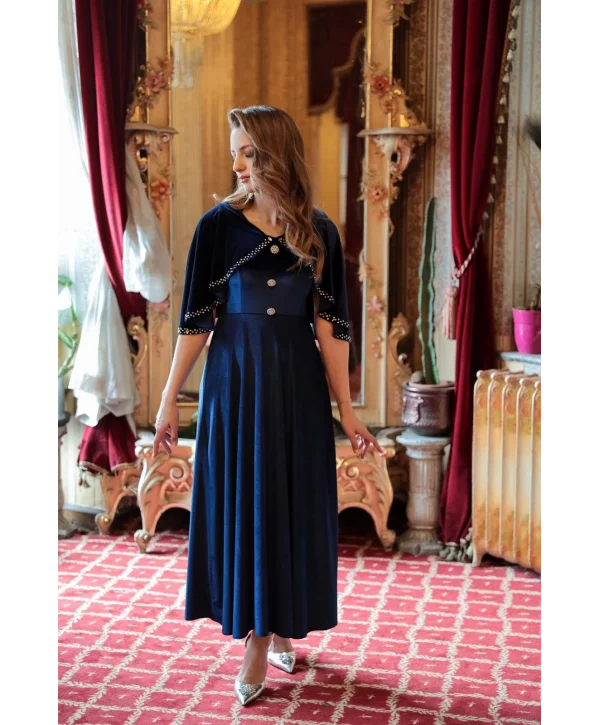 Pelerin Detaylı Taş Düğmeli Lacivert Kadife Elbise