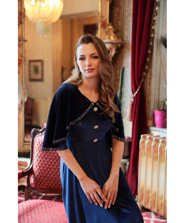 Pelerin Detaylı Taş Düğmeli Lacivert Kadife Elbise