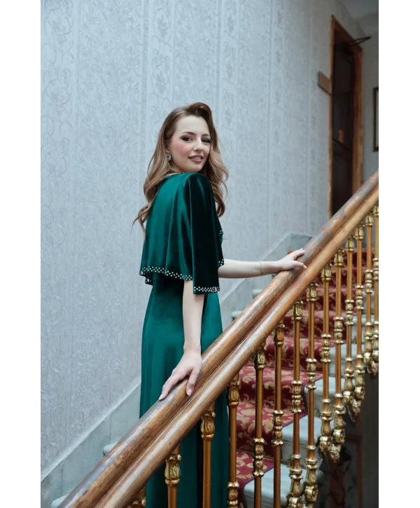 Pelerin Detaylı Taş Düğmeli Zümrüt Kadife Elbise