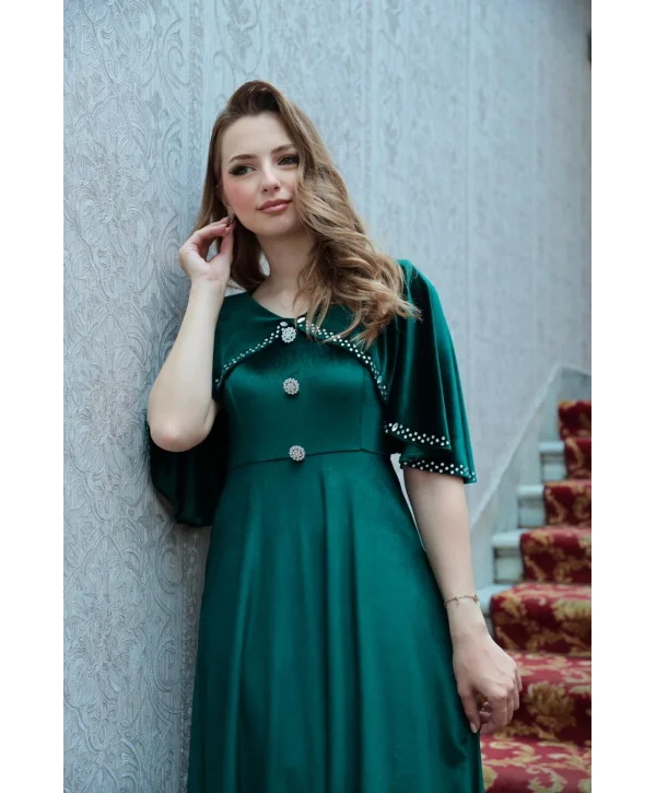 Pelerin Detaylı Taş Düğmeli Zümrüt Kadife Elbise