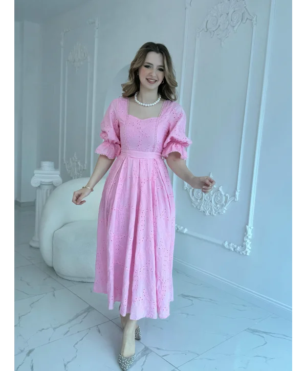 Pembe Kolu Lastikli Brode Prenses Elbise