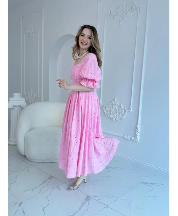 Pembe Kolu Lastikli Brode Prenses Elbise