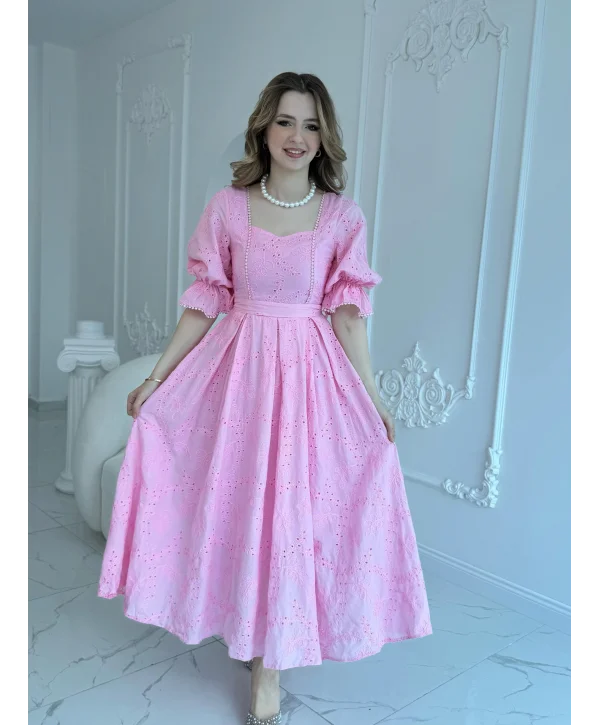 Pembe Kolu Lastikli Brode Prenses Elbise