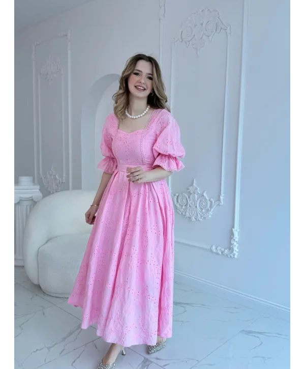 Pembe Kolu Lastikli Brode Prenses Elbise