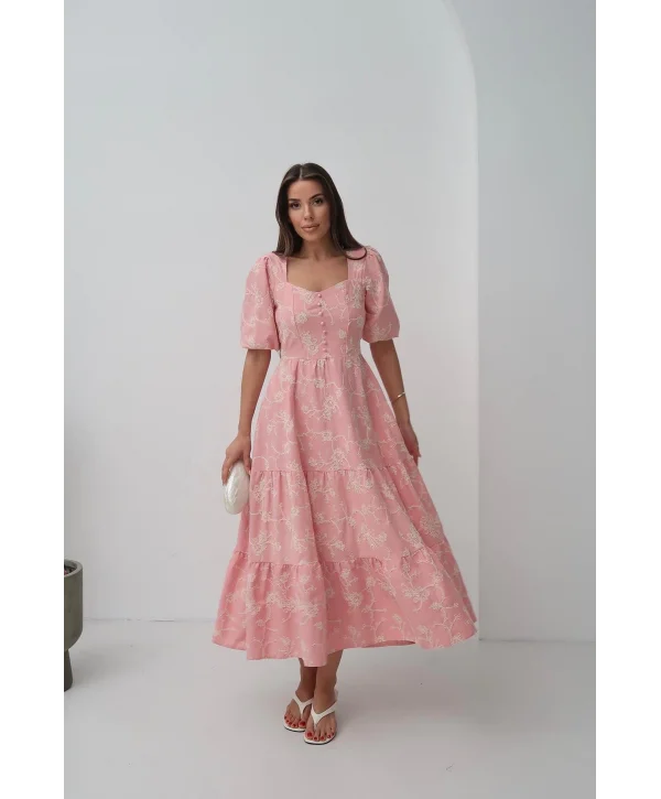 Pembe Süs Düğmeli Balon Kollu Brode Keten Elbise