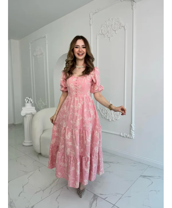 Pembe Süs Düğmeli Balon Kollu Brode Keten Elbise