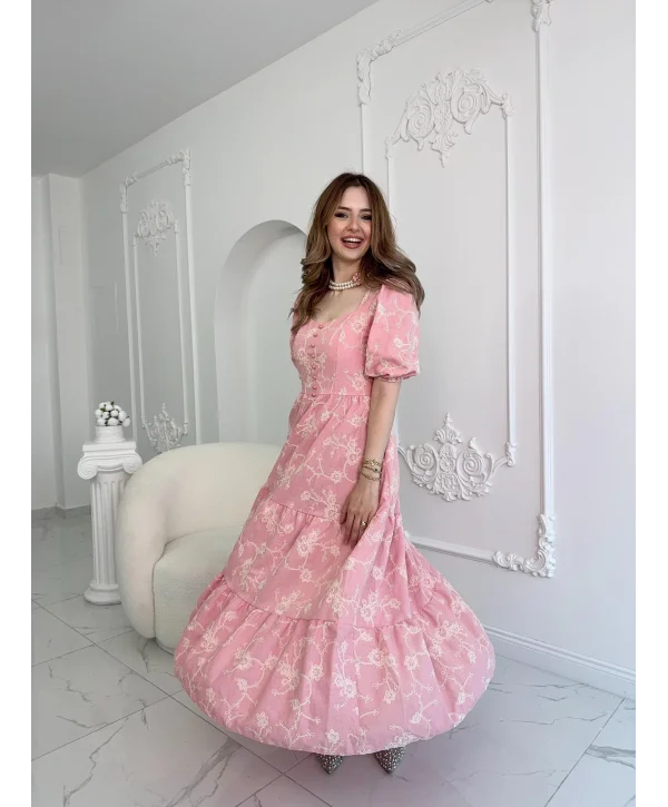 Pembe Süs Düğmeli Balon Kollu Brode Keten Elbise