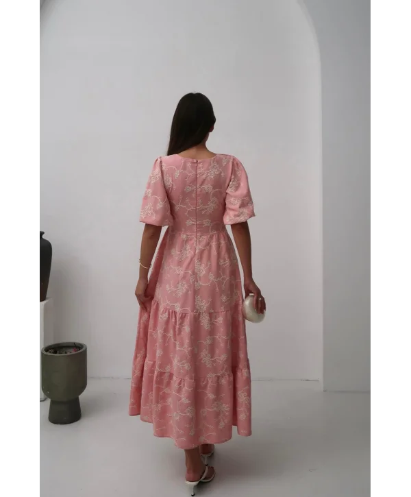 Pembe Süs Düğmeli Balon Kollu Brode Keten Elbise