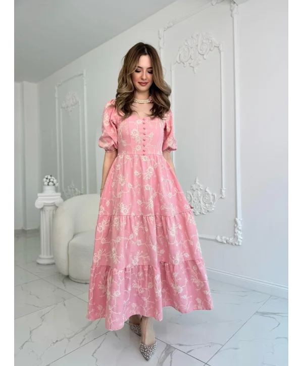 Pembe Süs Düğmeli Balon Kollu Brode Keten Elbise