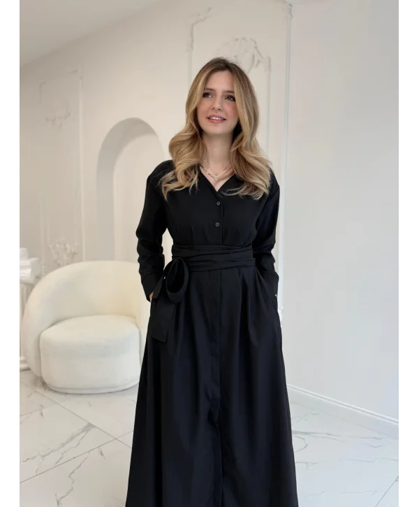 Pile Detaylı Kuşaklı Siyah Elbise
