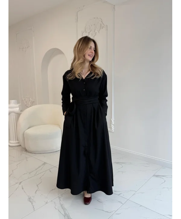 Pile Detaylı Kuşaklı Siyah Elbise