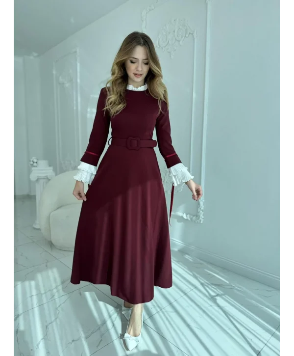 Pliseli Kol Detaylı Kemerli Dokuma Bordo Elbise