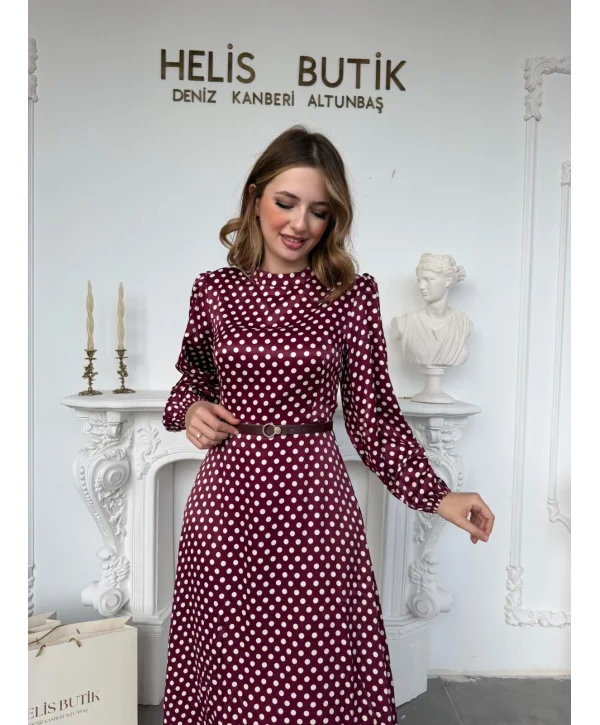 Retro Stil Bordo Saten Puantiyeli Midi Elbise
