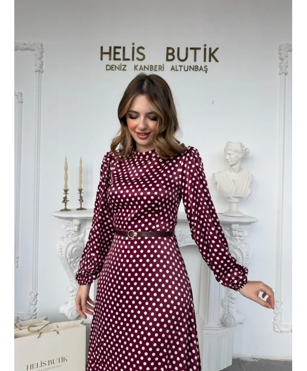 Retro Stil Bordo Saten Puantiyeli Midi Elbise