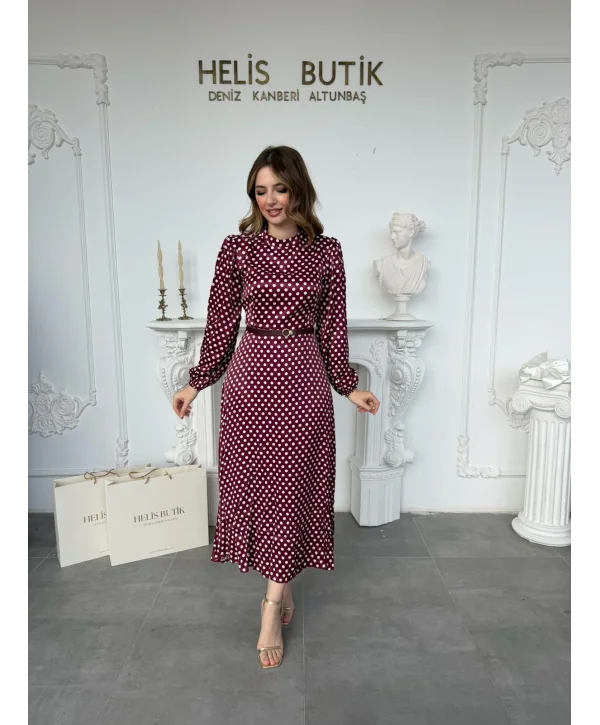 Retro Stil Bordo Saten Puantiyeli Midi Elbise