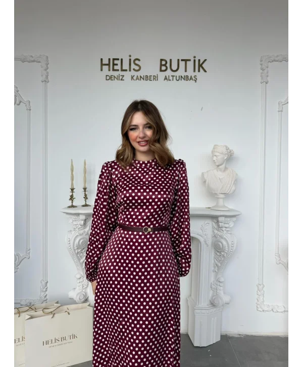Retro Stil Bordo Saten Puantiyeli Midi Elbise