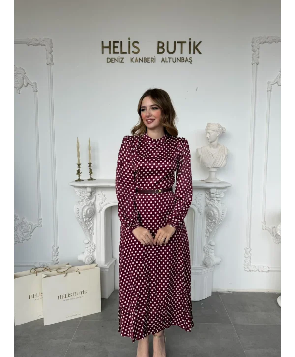 Retro Stil Bordo Saten Puantiyeli Midi Elbise