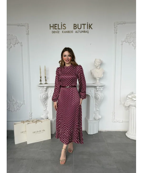 Retro Stil Bordo Saten Puantiyeli Midi Elbise