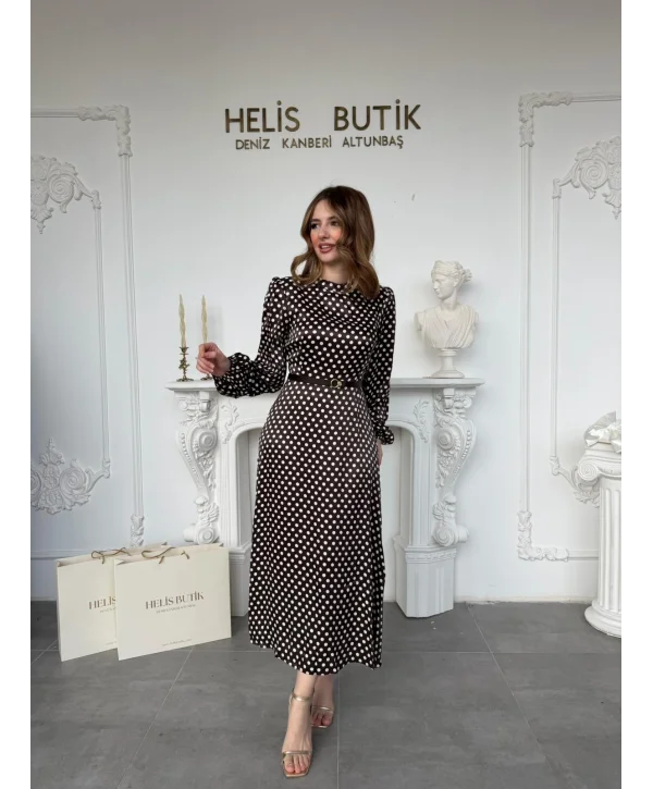 Retro Stil Kahve Saten Puantiyeli Midi Elbise