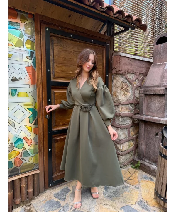 Rosa Haki Gül Kemer Detaylı Scuba Maxi Boy Elbise