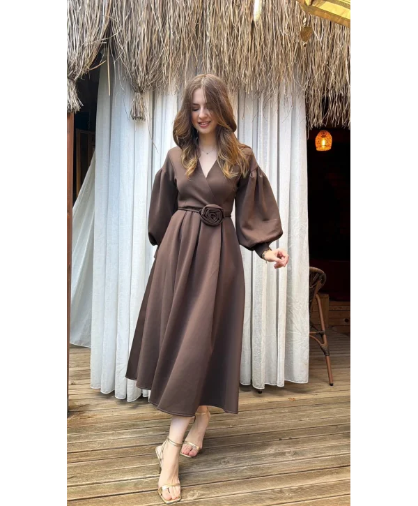 Rosa Kahve Gül Kemer Detaylı Scuba Maxi Boy Elbise