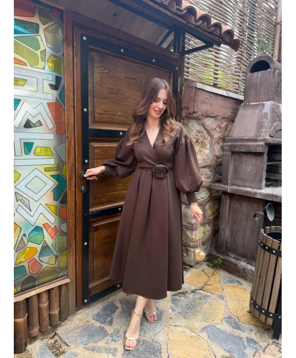 Rosa Kahve Gül Kemer Detaylı Scuba Maxi Boy Elbise