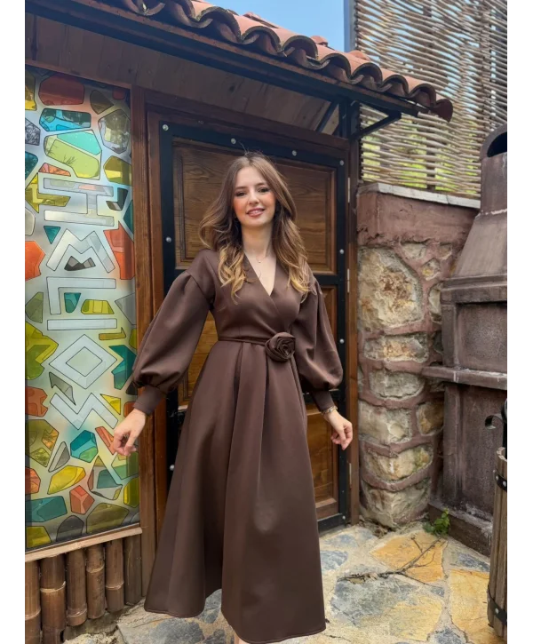 Rosa Kahve Gül Kemer Detaylı Scuba Maxi Boy Elbise