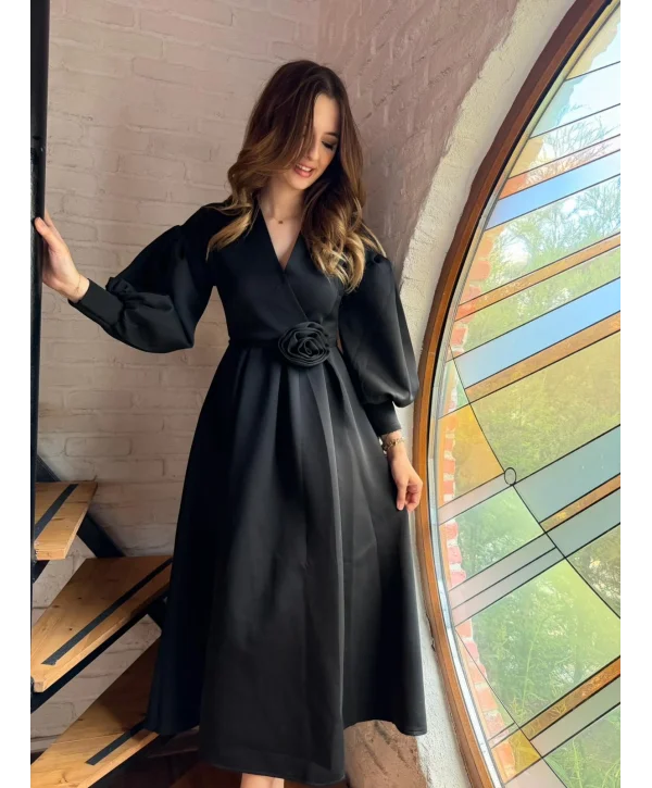 Rosa Siyah Gül Kemer Detaylı Scuba Maxi Boy Elbise