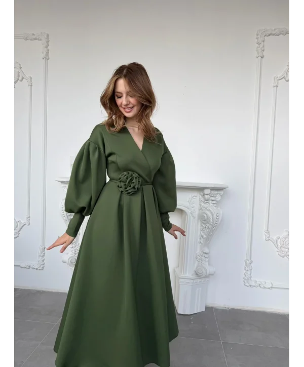 Rosa Yeşil Gül Kemer Detaylı Scuba Maxi Boy Elbise