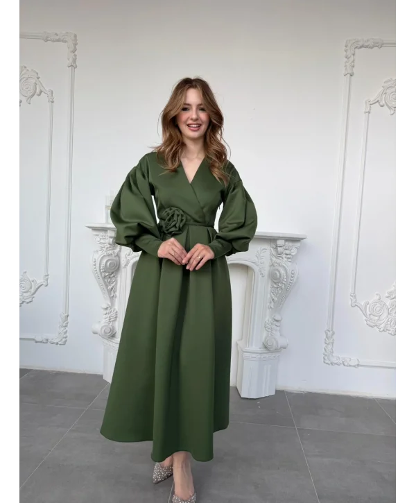 Rosa Yeşil Gül Kemer Detaylı Scuba Maxi Boy Elbise