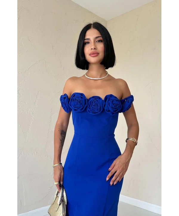 Saks Gül Yaka Detaylı Elbise