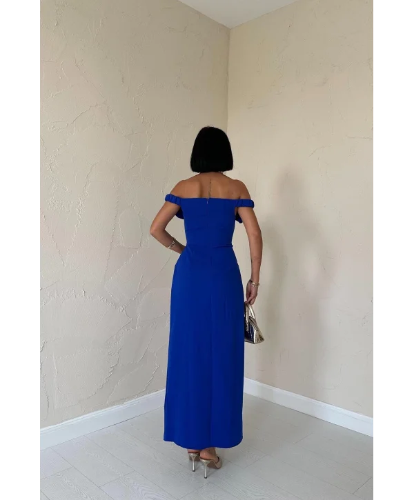 Saks Gül Yaka Detaylı Elbise