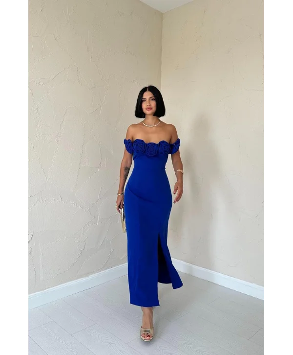 Saks Gül Yaka Detaylı Elbise