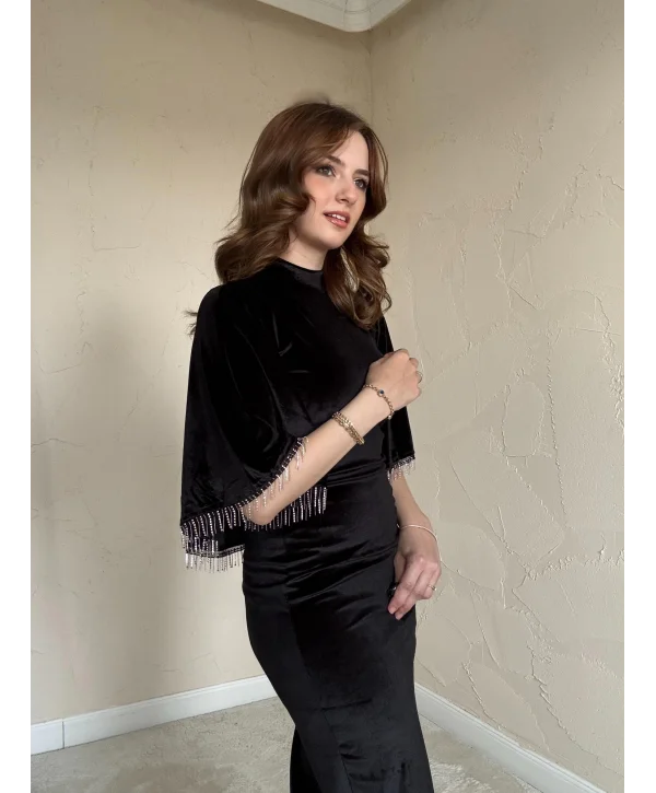 Şal Yaka Siyah Kadife Elbise