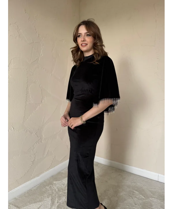 Şal Yaka Siyah Kadife Elbise