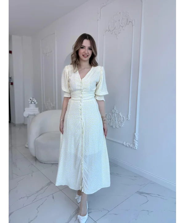 Sarı Bel ve Kol Ucu Gipeli Elbise