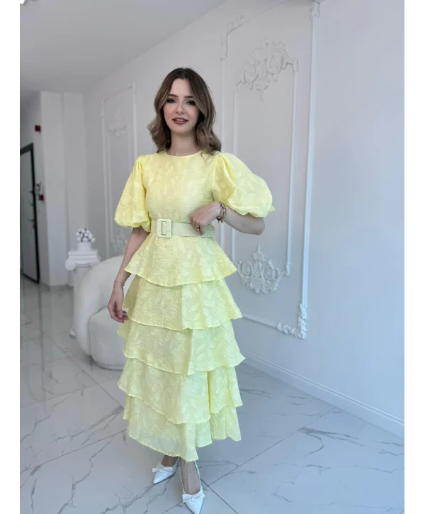 Sarı Kat Kat Balon Kollu Kemerli Elbise