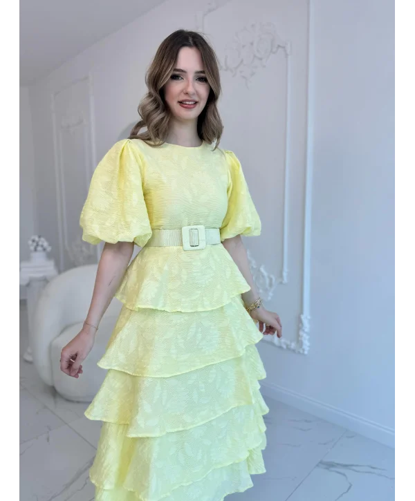 Sarı Kat Kat Balon Kollu Kemerli Elbise